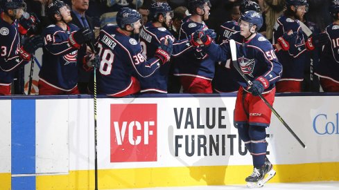 Dec 16, 2019; Columbus, OH, USA; Columbus Blue Jackets left wing Eric Robinson (50) celebrates a goal against the Washington Capitals during the first period at Nationwide Arena.