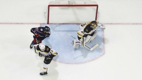 May 6, 2019; Columbus, OH, USA; Boston Bruins goalie Tuukka Rask (40) tracks the puck aColumbus Blue Jackets during the third period in game six of the second round of the 2019 Stanley Cup Playoffs at Nationwide Arena. Mandatory Credit: Russell LaBounty-USA TODAY Sports