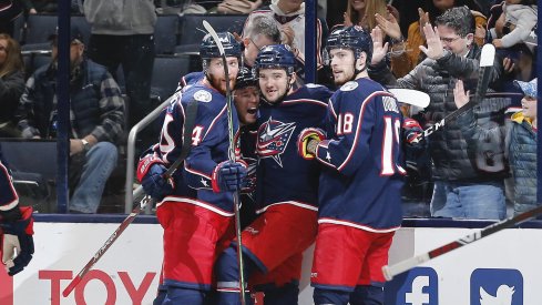 Jan 16, 2020; Columbus, Ohio, USA; Columbus Blue Jackets center Emil Bemstrom (52) celebrates after scoring a goal against the Carolina Hurricanes during the first period at Nationwide Arena.