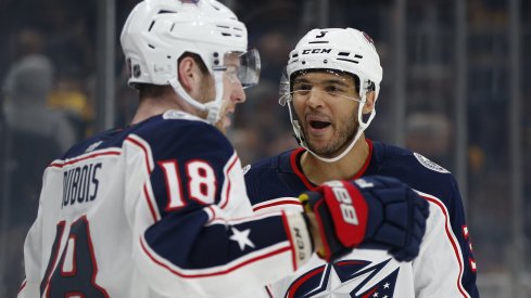 Jan 2, 2020; Boston, Massachusetts, USA; Columbus Blue Jackets center Pierre-Luc Dubois (18) celebrates with defenseman Seth Jones (3) after scoring the game winning goal during the overtime period against the Boston Bruins at TD Garden. Mandatory Credit: Greg M. Cooper-USA TODAY Sports