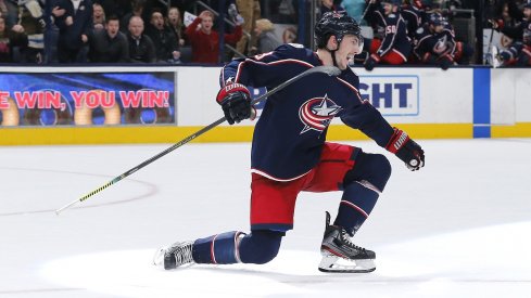  Zach Werenski celebrates after scoring the winning goal against the Florida Panthers during overtime at Nationwide Arena