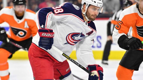 Oct 26, 2019; Philadelphia, PA, USA; Columbus Blue Jackets center Boone Jenner (38) against the Philadelphia Flyers at Wells Fargo Center. 