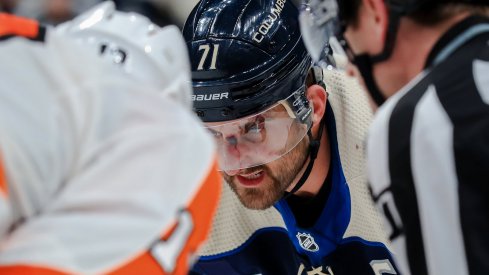 Feb 20, 2020; Columbus, Ohio, USA; Columbus Blue Jackets left wing Nick Foligno (71) awaits the face-off gainst the Philadelphia Flyers in the overtime period at Nationwide Arena. Mandatory Credit: Aaron Doster-USA TODAY Sports