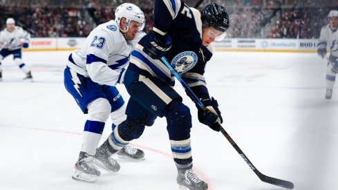 Sonny Milano plays against Tampa Bay's Carter Verhaeghe