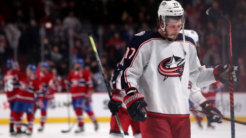 Columbus Blue Jackets right wing Josh Anderson (77) reacts after his team lost against Montreal Canadiens at Bell Centre