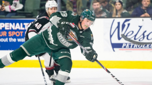 Jake Christiansen of the Everett Silvertips attempts a shot during a Western Hockey League game.