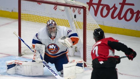 Ottawa Senators left wing Brady Tkatchuk (7) scores against New York Islanders goalie Semyon Varlamov (40) in the third period at the Canadian Tire Centre.