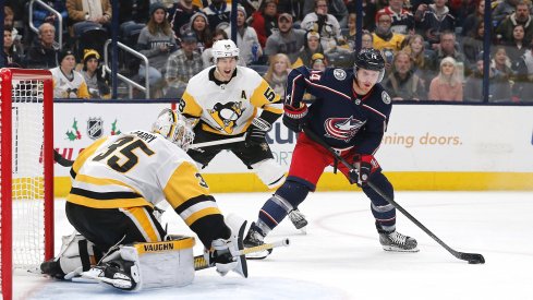 Nov 29, 2019; Columbus, OH, USA; Columbus Blue Jackets right wing Gustav Nyquist (14) controls the puck against Pittsburgh Penguins goalie Tristan Jarry (35) during the second period at Nationwide Arena.