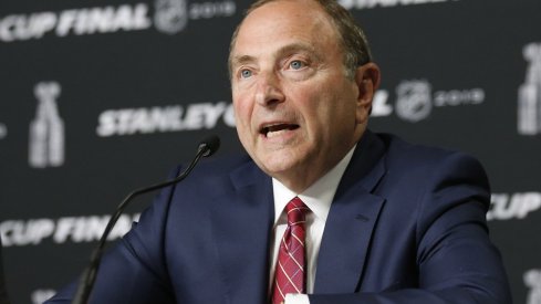 NHL commissioner Gary Bettman speaks at a press conference before game one of the 2019 Stanley Cup Final between the Boston Bruins and the St. Louis Blues at TD Garden.