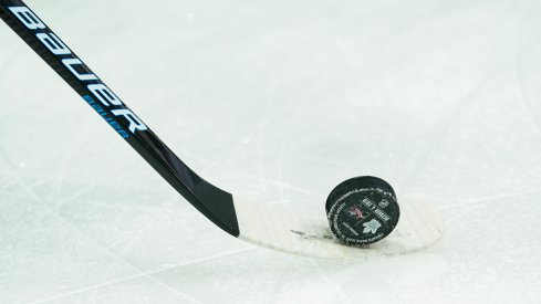 Oct 4, 2019; Columbus, OH, USA; A view of the Opening Night puck on the ice prior to the game between the Toronto Maple Leafs and the Columbus Blue Jackets at Nationwide Arena.