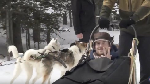 Pierre-Luc Dubois dog sleds with his Columbus Blue Jackets teammates in Alberta, Canada.