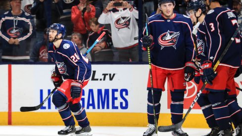 Columbus Blue Jackets forward Oliver Bjorkstrand celebrates a goal scored at Nationwide Arena.