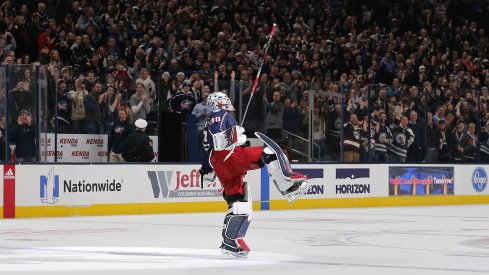 Dec 31, 2019; Columbus, Ohio, USA; Columbus Blue Jackets goalie Elvis Merzlikins (90) salutes the crowd after the game against the Florida Panthers at Nationwide Arena.