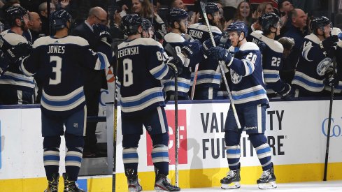 Jan 14, 2020; Columbus, Ohio, USA; Columbus Blue Jackets center Riley Nash (20) celebrates a goal against the Boston Bruins during the third period at Nationwide Arena.