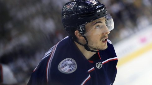 Columbus Blue Jackets defenseman Zach Werenski (8) against the Tampa Bay Lightning in game four of the first round of the 2019 Stanley Cup Playoffs at Nationwide Arena.