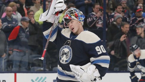Columbus Blue Jackets goalie Elvis Merzlikins (90) during third period \time out against the Winnipeg Jets at Nationwide Arena.