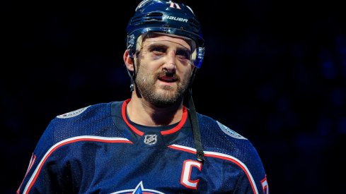 Columbus Blue Jackets left wing Nick Foligno (71) skates on the ice after being named the first star of the game after defeating the Ottawa Senators in the overtime period at Nationwide Arena. 