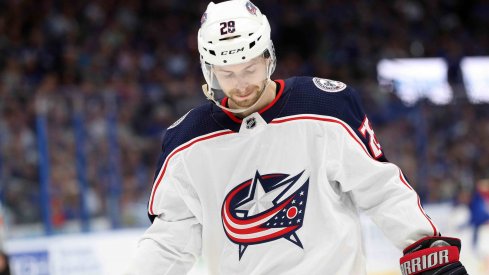 Oliver Bjorkstrand (28) looks on from the ice during the second period of game one of the first round of the 2019 Stanley Cup Playoffs against the Tampa Bay Lightning at Amalie Arena.