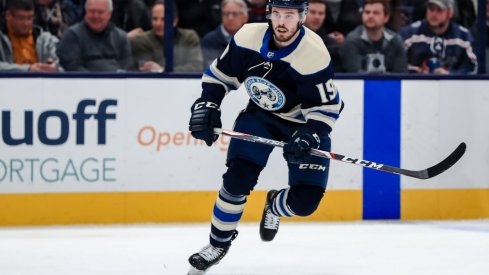 Columbus Blue Jackets center Liam Foudy (19) skates against the Tampa Bay Lightning in the first period at Nationwide Arena.