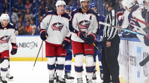 Apr 10, 2019; Tampa, FL, USA; Columbus Blue Jackets defenseman Seth Jones (3) celebrates with teammates after scoring the game winning goal against the Tampa Bay Lightning during the third period of game one of the first round of the 2019 Stanley Cup Playoffs at Amalie Arena.