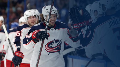 Artemi Panarin and Matt Duchene celebrate the Blue Jackets' 5-1 win in Tampa