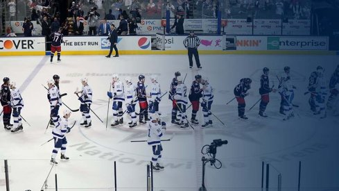 The Columbus Blue Jackets celebrate their sweep of the Lightning.