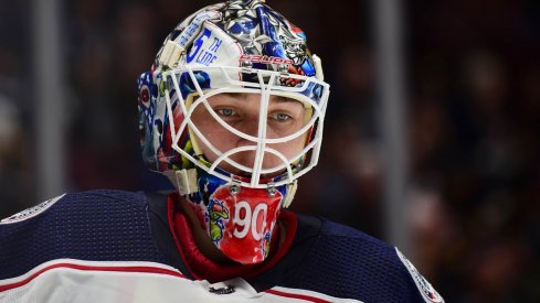 Mar 8, 2020; Vancouver, British Columbia, CAN; Columbus Blue Jackets goaltender Elvis Merzlikins (90) awaits the start of play against the Vancouver Canucks during the first period at Rogers Arena.