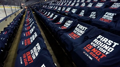 A view of the It's Time shirts on the seats for fans prior to game four between the Boston Bruins and the Columbus Blue Jackets in the second round of the 2019 Stanley Cup Playoffs at Nationwide Arena.