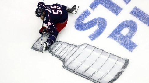David Savard stretches during warmups before the 2019 Stanley Cup Playoffs