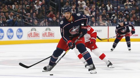 Nov 21, 2019; Columbus, OH, USA; Columbus Blue Jackets defenseman Seth Jones (3) controls the puck against the Detroit Red Wings during the second period at Nationwide Arena.