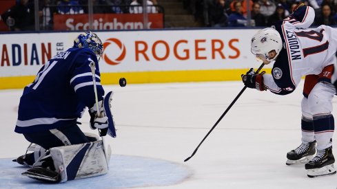 Gus Nyquist is denied on a breakaway against Frederik Andersen