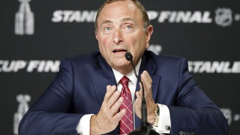 NHL commissioner Gary Bettman speaks at a press conference before game one of the 2019 Stanley Cup Final between the Boston Bruins and the St. Louis Blues at TD Garden.