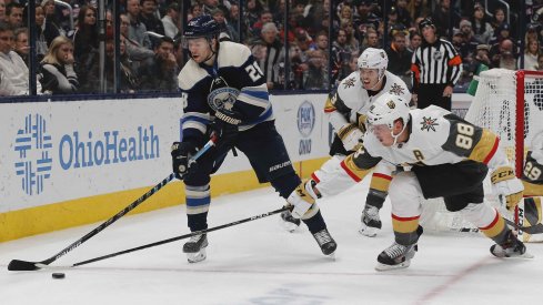 Nov 5, 2019; Columbus, OH, USA; Vegas Golden Knights defenseman Nate Schmidt (88) reaches to steal the puck from Columbus Blue Jackets right wing Oliver Bjorkstrand (28) during the second period at Nationwide Arena.