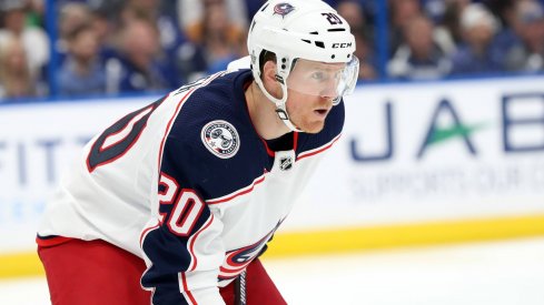 Columbus Blue Jackets center Riley Nash (20) during the first period of game two of the first round of the 2019 Stanley Cup Playoffs at Amalie Arena.