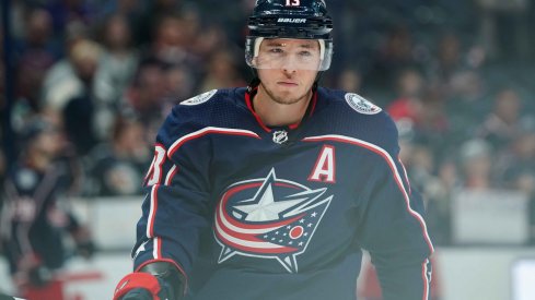  Columbus Blue Jackets right wing Cam Atkinson (13) skates during warmups prior to the game against the Toronto Maple Leafs at Nationwide Arena. 