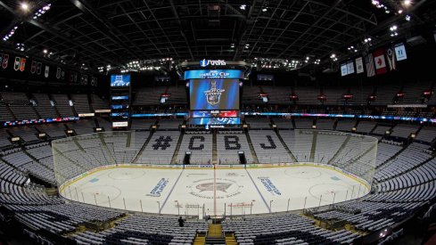 Nationwide Arena is prepared for Game 3 of the 2019 Stanley Cup Playoffs quarterfinal round between the Blue Jackets and Tampa Bay Lightning.