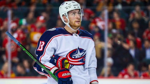 Columbus Blue Jackets center Pierre-Luc Dubois (18) against the Calgary Flames during the second period at Scotiabank Saddledome.