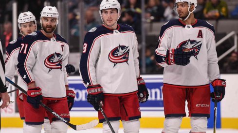 Jan 9, 2020; San Jose, California, USA; Columbus Blue Jackets left wing Nick Foligno (71) and defenseman Zach Werenski (8) and defenseman Seth Jones (3) react during the third period against the San Jose Sharks at SAP Center at San Jose.