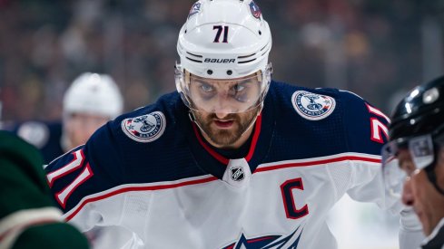 Columbus Blue Jackets forward Nick Foligno (71) takes the faceoff in the first period against Minnesota Wild at Xcel Energy Center.