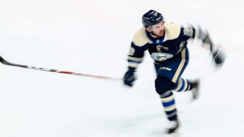 Columbus Blue Jackets center Liam Foudy (19) skates on the ice against the Tampa Bay Lightning in the second period at Nationwide Arena.