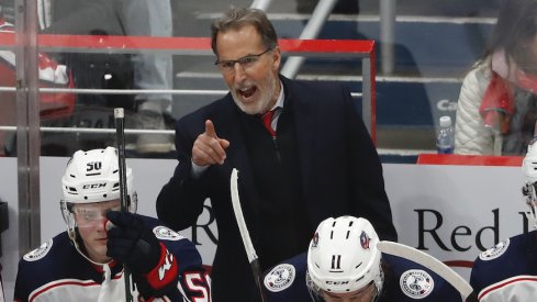 Columbus Blue Jackets head coach John Tortorella instructs his players during a training camp practice at the OhioHealth Ice Haus.