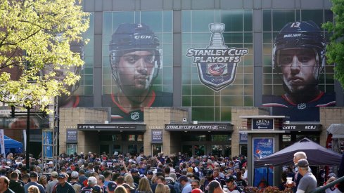 ans wait to enter Nationwide Arena prior to game four between the Boston Bruins and the Columbus Blue Jackets in the second round of the 2019 Stanley Cup Playoffs