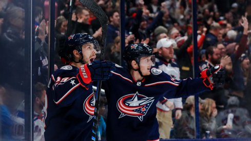 Oliver Bjorkstrand (28) celebrates with teammate center Gustav Nyquist (14) after scoring a goal against the New York Rangers in the second period at Nationwide Arena.