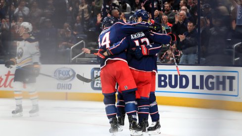 The Columbus Blue Jackets celebrate after scoring a power play goal against the Buffalo Sabres at Nationwide Arena.