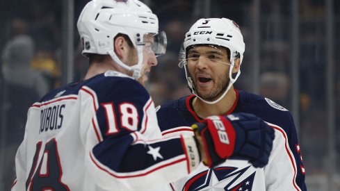 Columbus Blue Jackets center Pierre-Luc Dubois (18) celebrates with defenseman Seth Jones (3) after scoring the game winning goal during the overtime period against the Boston Bruins at TD Garden.