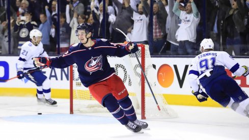 Apr 16, 2019; Columbus, OH, USA; Columbus Blue Jackets center Alexandre Texier (42) celebrates scoring an empty-net goal against the Tampa Bay Lightning in the third period during game four of the first round of the 2019 Stanley Cup Playoffs at Nationwide Arena.