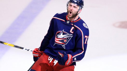 Columbus Blue Jackets left wing Nick Foligno (71) celebrates defeating the Tampa Bay Lightning in game four of the first round of the 2019 Stanley Cup Playoffs at Nationwide Arena. 