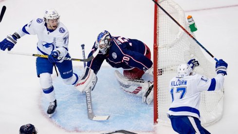  Alex Killorn scores a goal against Joonas Korpisalo in Game 3