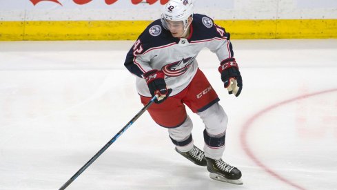 Columbus Blue Jackets center Alexandre Texier (42) skates with the puck in the third period against the Ottawa Senators at the Canadian Tire Centre.