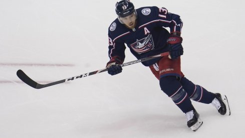 Aug 7, 2020; Toronto, Ontario, CAN; Columbus Blue Jackets forward Cam Atkinson (13) skates against the Toronto Maple Leafs during the second period of game four of the Eastern Conference qualifications at Scotiabank Arena.